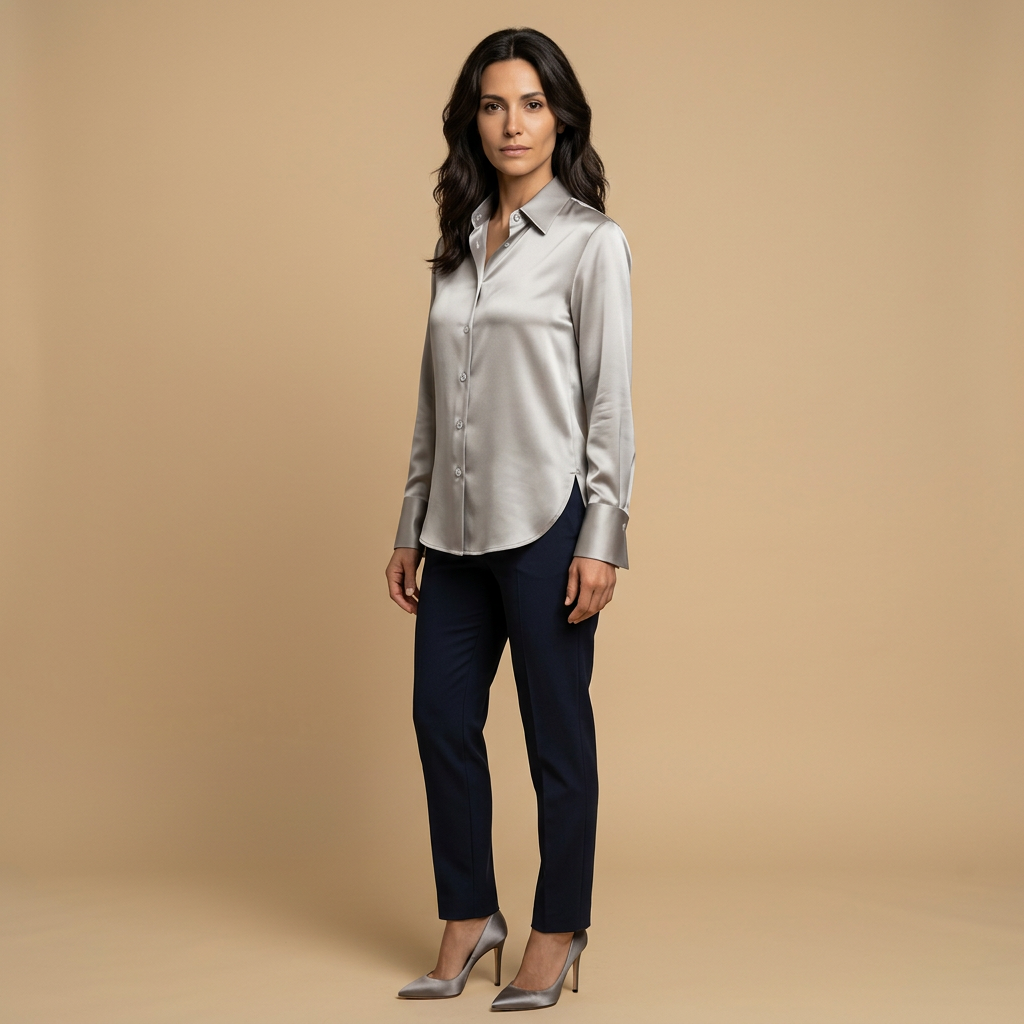 Blusa Mujer de Satén Manga Larga Cuello Camisero