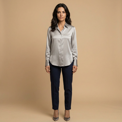 Blusa Mujer de Satén Manga Larga Cuello Camisero