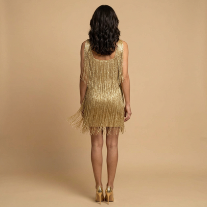 Vestido Corto Mujer Flecos Metalizados Escote en V Tirantes