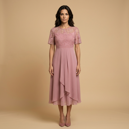 Vestido Midi Mujer de Encaje y Chifón Drapeado Asimétrico - Mavetta