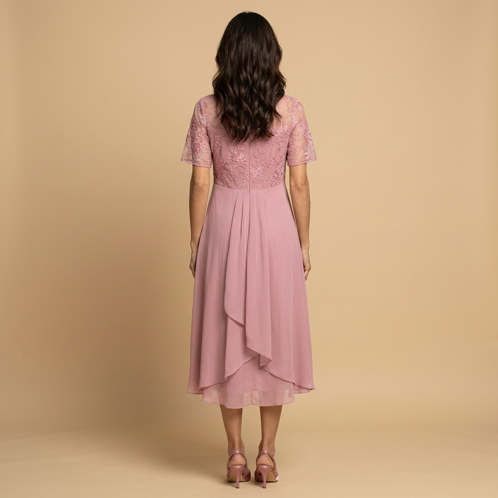 Vestido Midi Mujer de Encaje y Chifón Drapeado Asimétrico