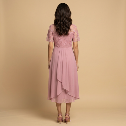 Vestido Midi Mujer de Encaje y Chifón Drapeado Asimétrico