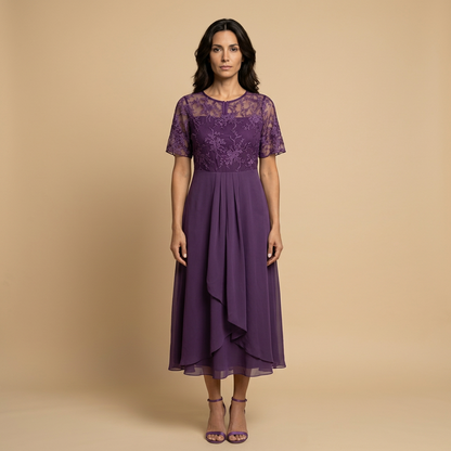 Vestido Midi Mujer de Encaje y Chifón Drapeado Asimétrico