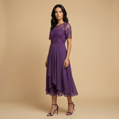 Vestido Midi Mujer de Encaje y Chifón Drapeado Asimétrico