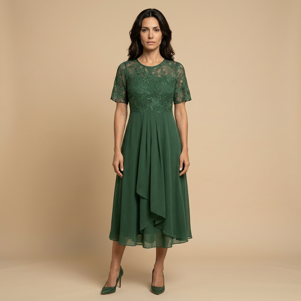 Vestido Midi Mujer de Encaje y Chifón Drapeado Asimétrico