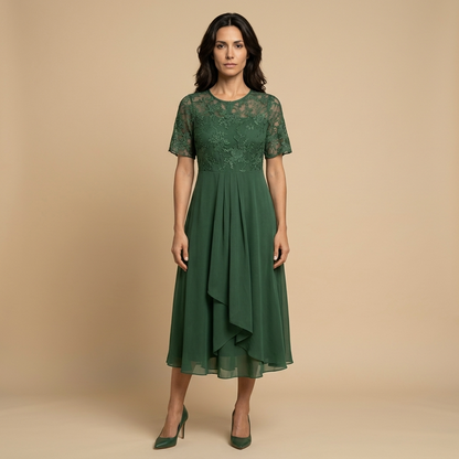 Vestido Midi Mujer de Encaje y Chifón Drapeado Asimétrico