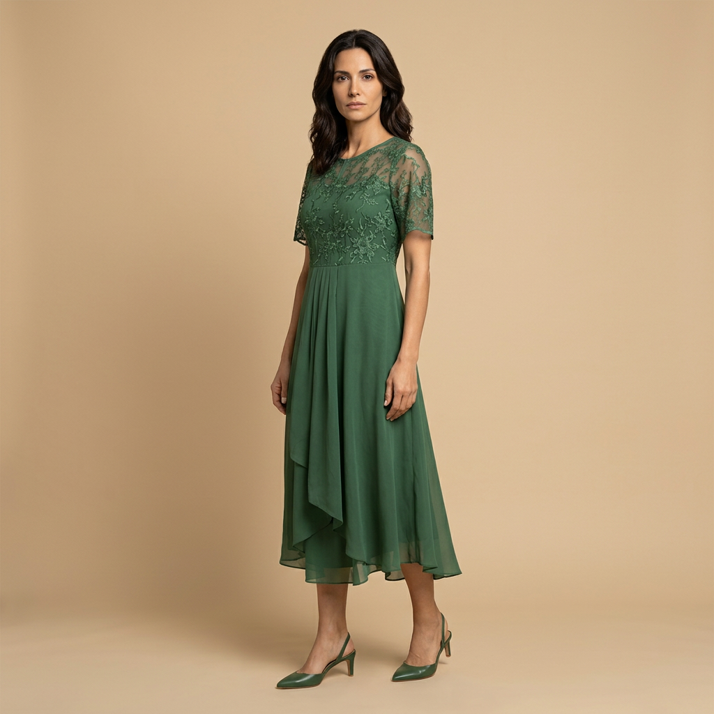 Vestido Midi Mujer de Encaje y Chifón Drapeado Asimétrico