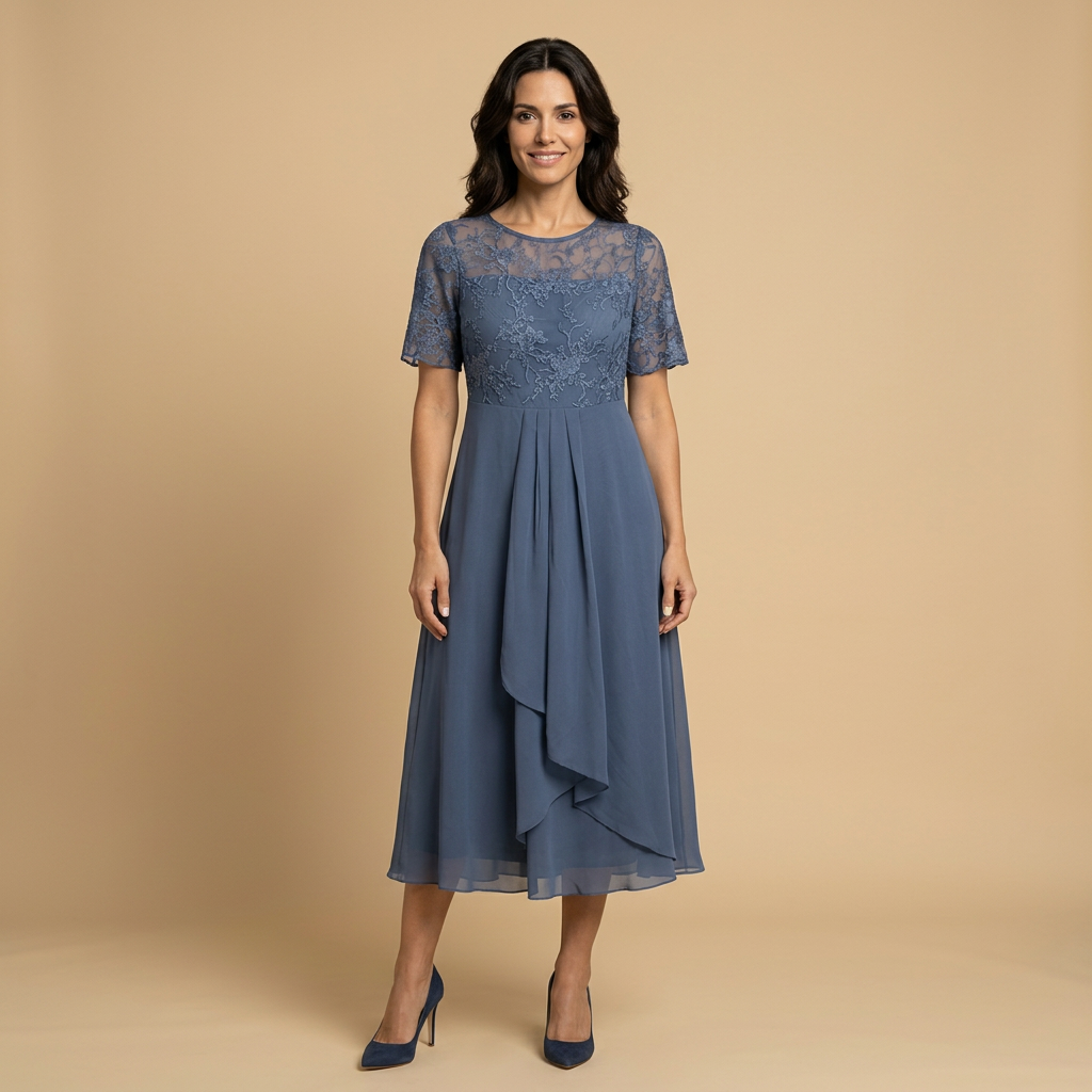 Vestido Midi Mujer de Encaje y Chifón Drapeado Asimétrico