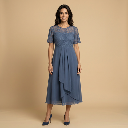 Vestido Midi Mujer de Encaje y Chifón Drapeado Asimétrico