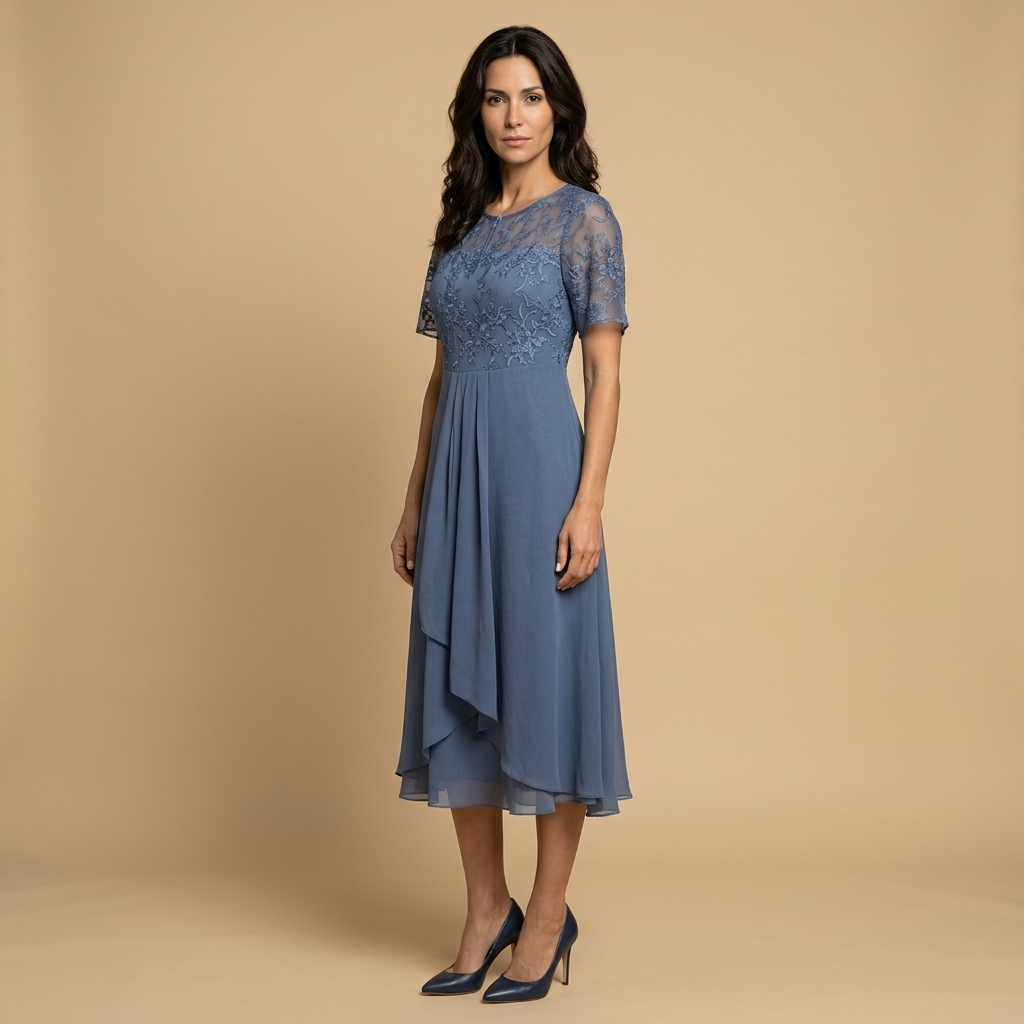 Vestido Midi Mujer de Encaje y Chifón Drapeado Asimétrico