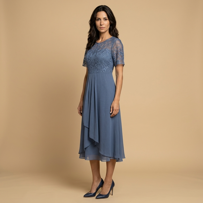 Vestido Midi Mujer de Encaje y Chifón Drapeado Asimétrico