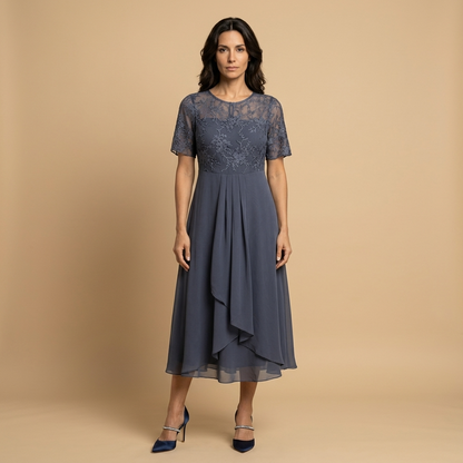 Vestido Midi Mujer de Encaje y Chifón Drapeado Asimétrico