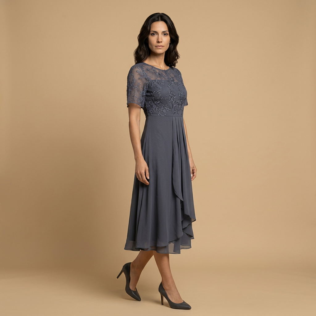 Vestido Midi Mujer de Encaje y Chifón Drapeado Asimétrico
