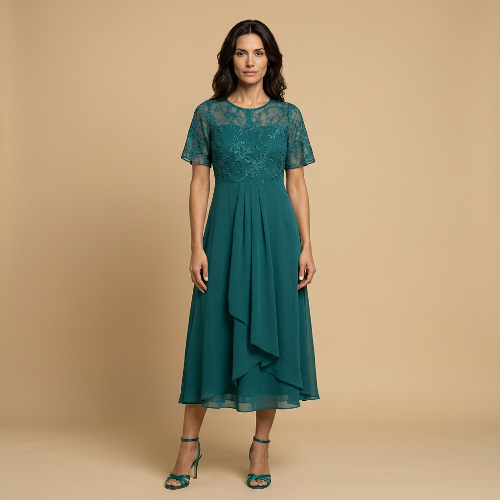 Vestido Midi Mujer de Encaje y Chifón Drapeado Asimétrico