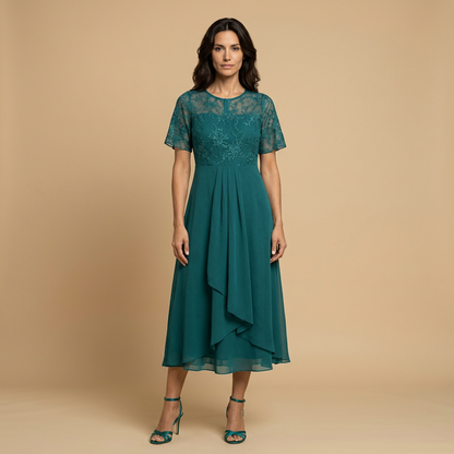 Vestido Midi Mujer de Encaje y Chifón Drapeado Asimétrico