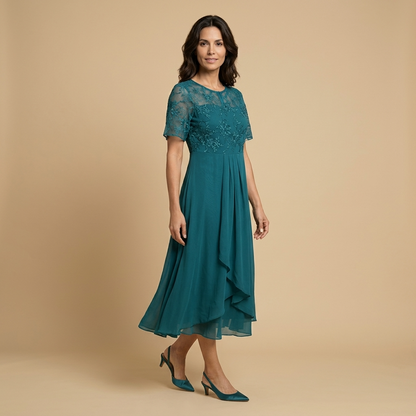 Vestido Midi Mujer de Encaje y Chifón Drapeado Asimétrico