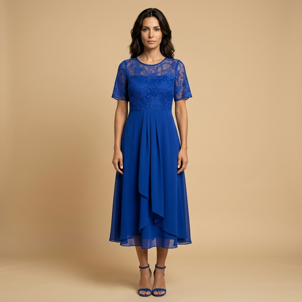 Vestido Midi Mujer de Encaje y Chifón Drapeado Asimétrico