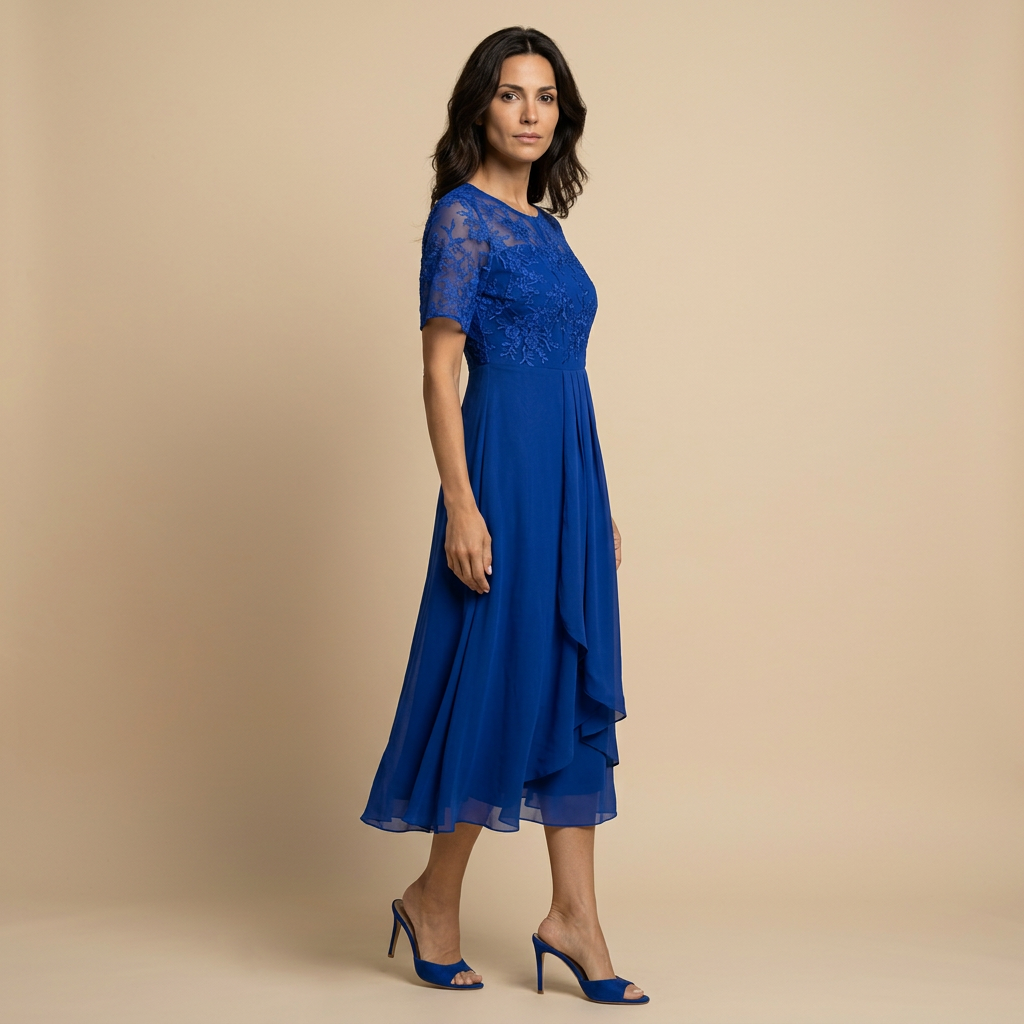 Vestido Midi Mujer de Encaje y Chifón Drapeado Asimétrico