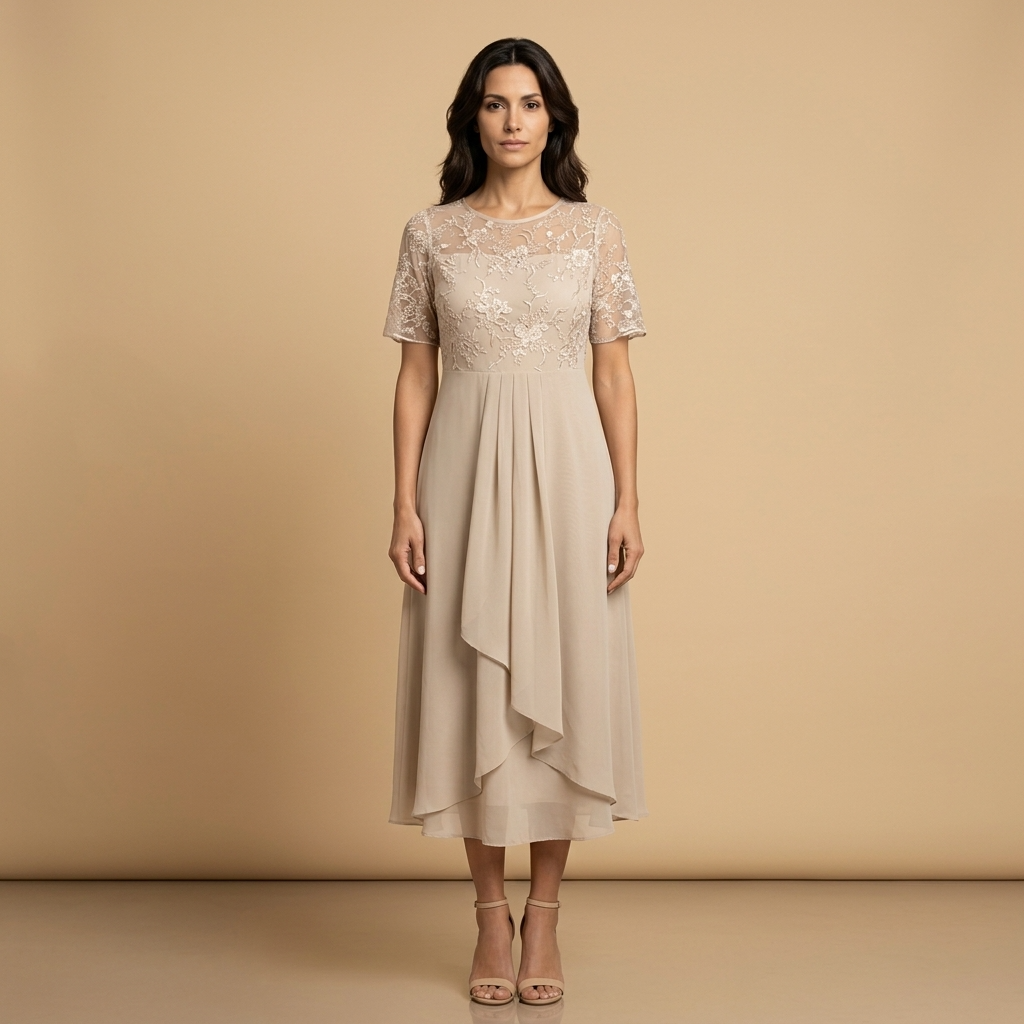 Vestido Midi Mujer de Encaje y Chifón Drapeado Asimétrico