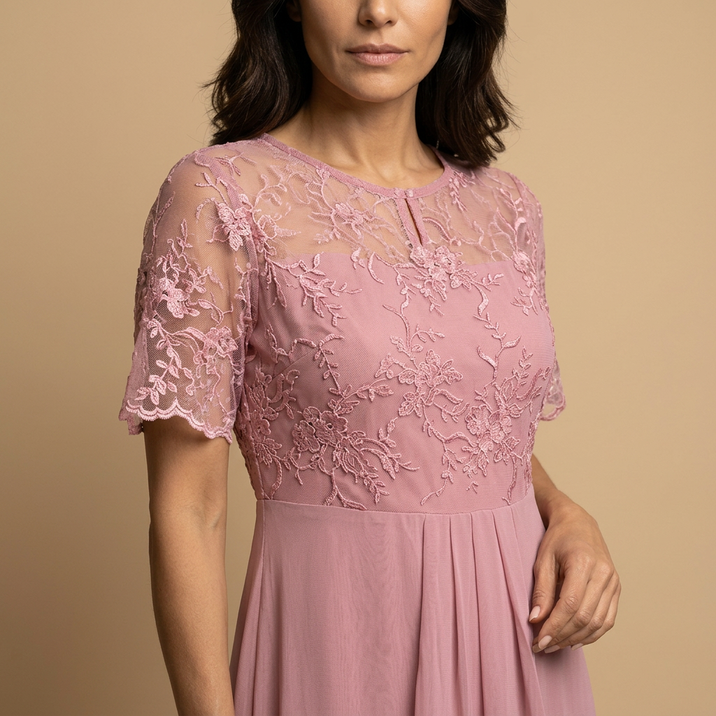 Vestido Midi Mujer de Encaje y Chifón Drapeado Asimétrico