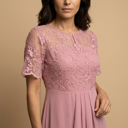 Vestido Midi Mujer de Encaje y Chifón Drapeado Asimétrico