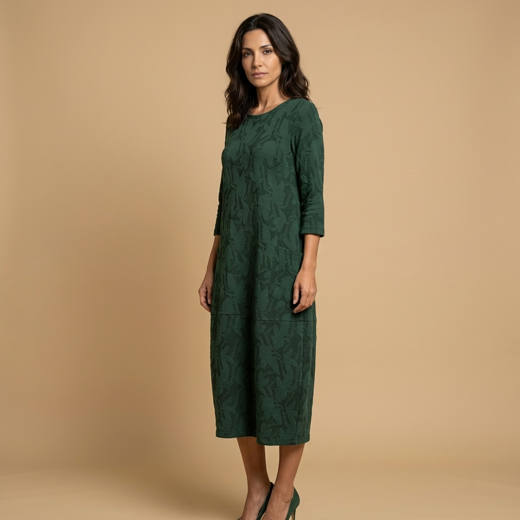 Vestido Midi Mujer Jacquard Manga Larga con Bolsillos