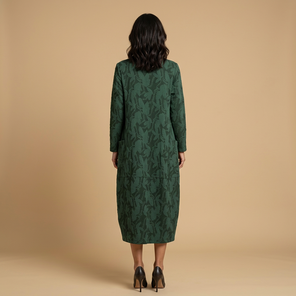 Vestido Midi Mujer Jacquard Manga Larga con Bolsillos