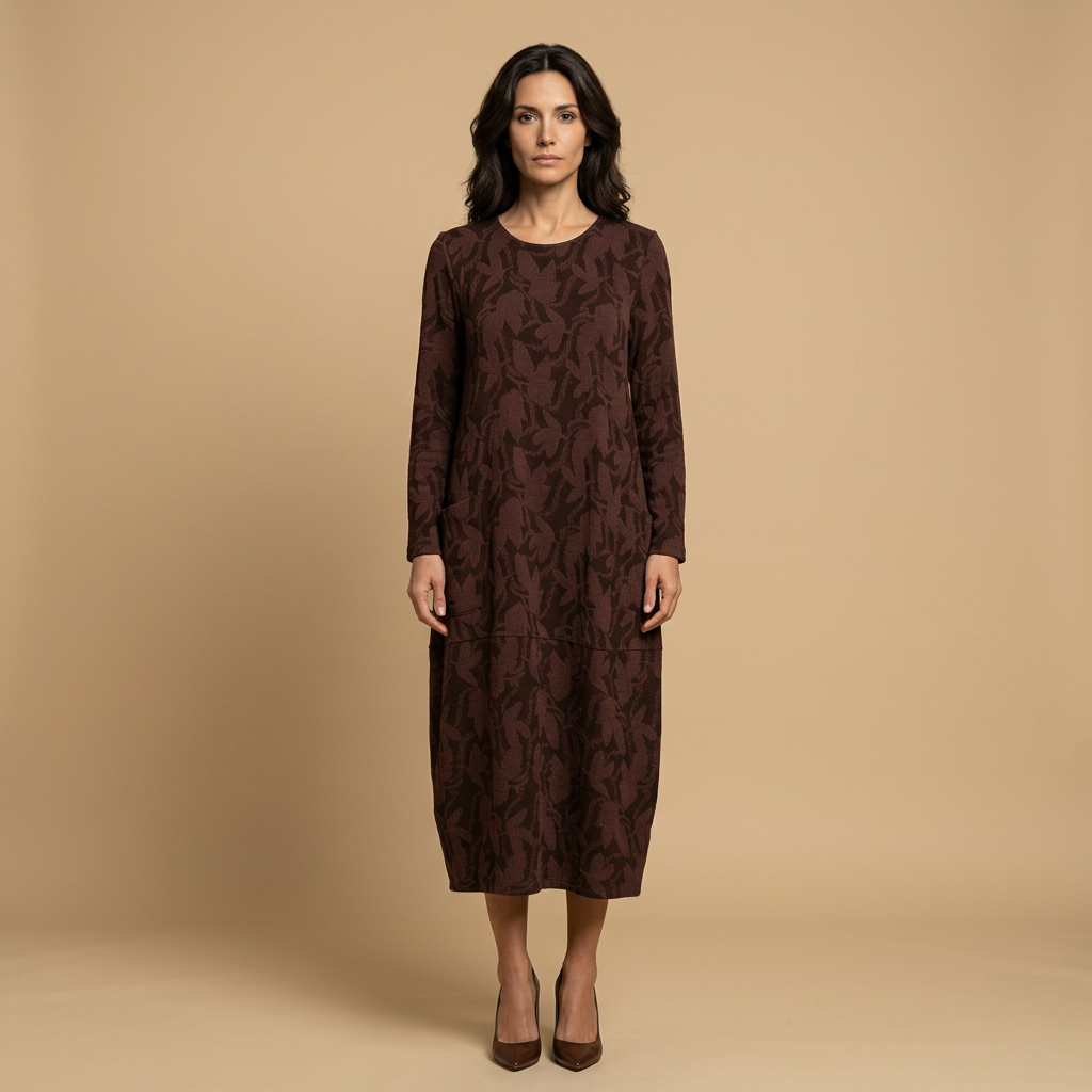 Vestido Midi Mujer Jacquard Manga Larga con Bolsillos