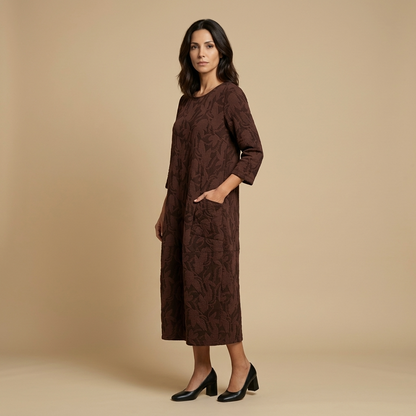 Vestido Midi Mujer Jacquard Manga Larga con Bolsillos