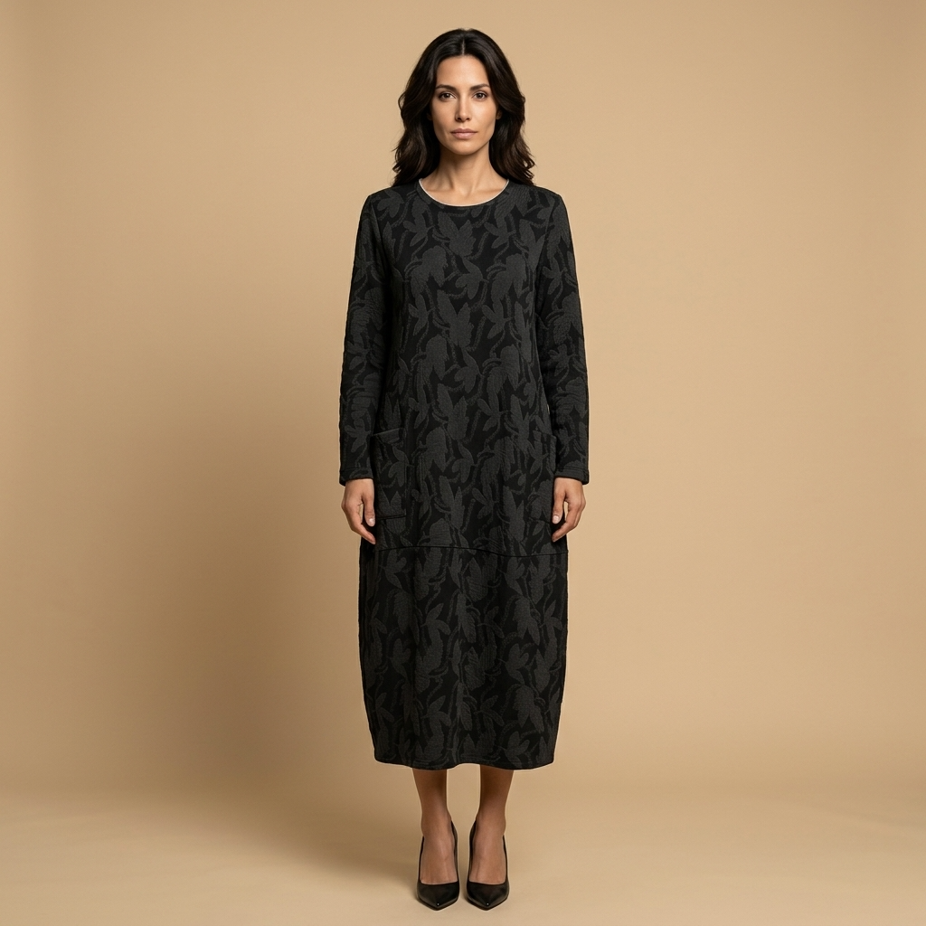 Vestido Midi Mujer Jacquard Manga Larga con Bolsillos