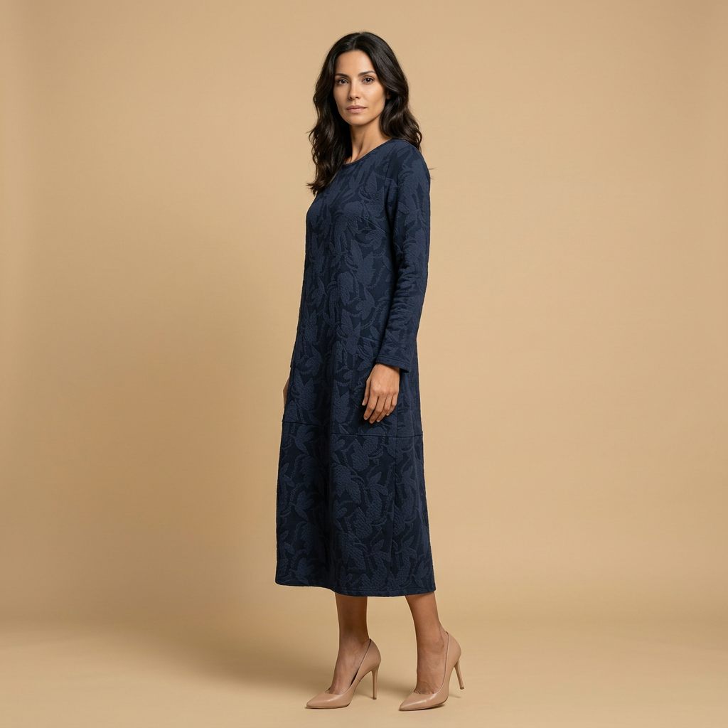 Vestido Midi Mujer Jacquard Manga Larga con Bolsillos