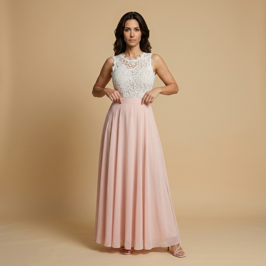 Vestido Largo Mujer Encaje Guipur Cuerpo Chifón Falda Vuelo - Mavetta
