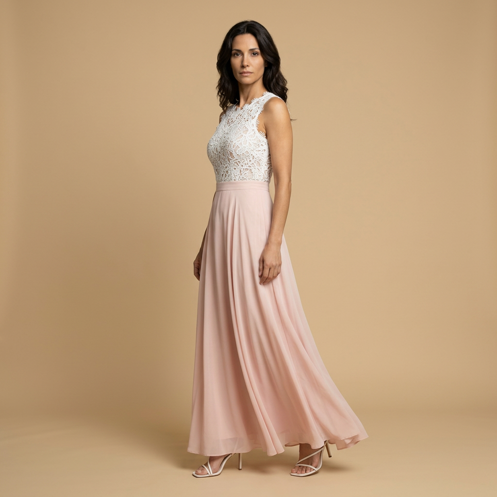 Vestido Largo Mujer Encaje Guipur Cuerpo Chifón Falda Vuelo