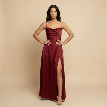 Vestido Largo Mujer de Satén Escote Cowl Abertura Lateral - Mavetta