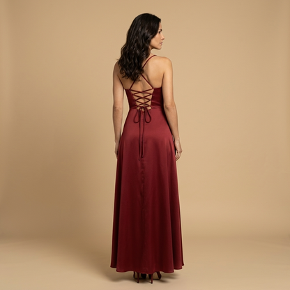 Vestido Largo Mujer de Satén Escote Cowl Abertura Lateral