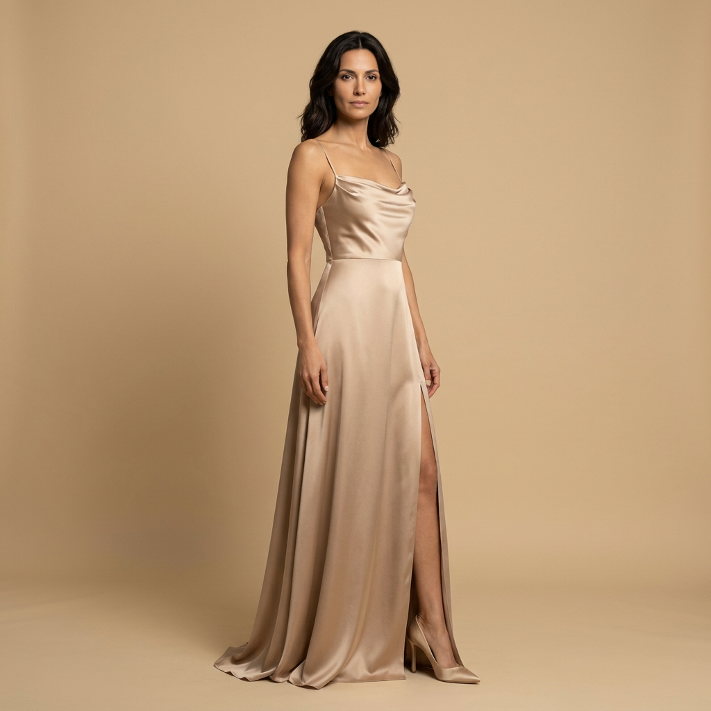 Vestido Largo Mujer de Satén Escote Cowl Abertura Lateral