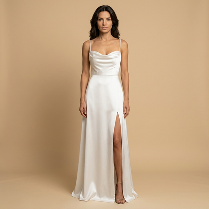 Vestido Largo Mujer de Satén Escote Cowl Abertura Lateral