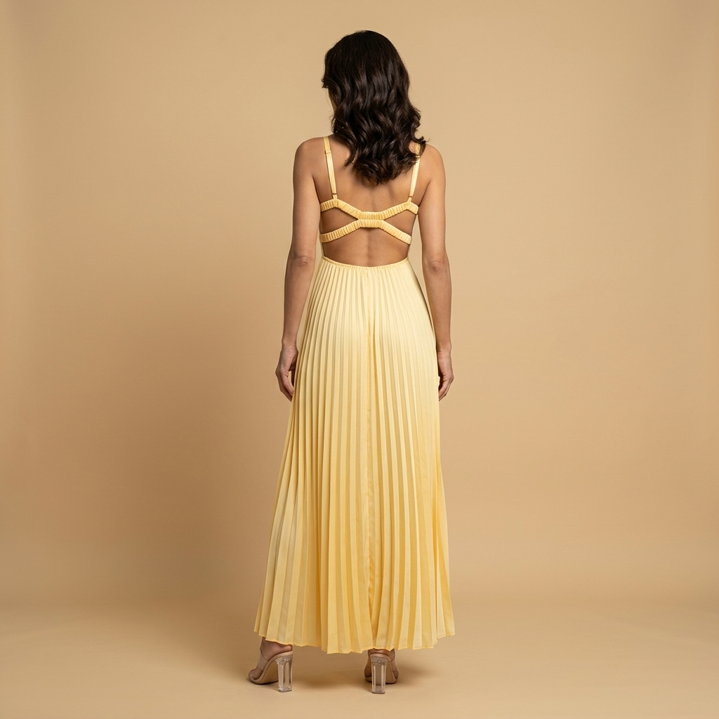 Vestido Midi Mujer Plisado Escote en V Tirantes Finos Cintura Alta