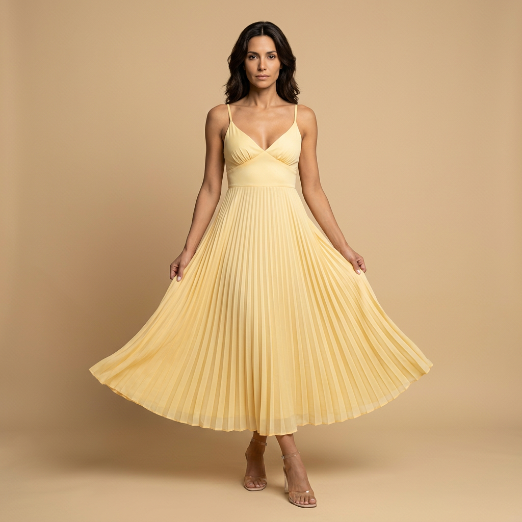 Vestido Midi Mujer Plisado Escote en V Tirantes Finos Cintura Alta - Mavetta