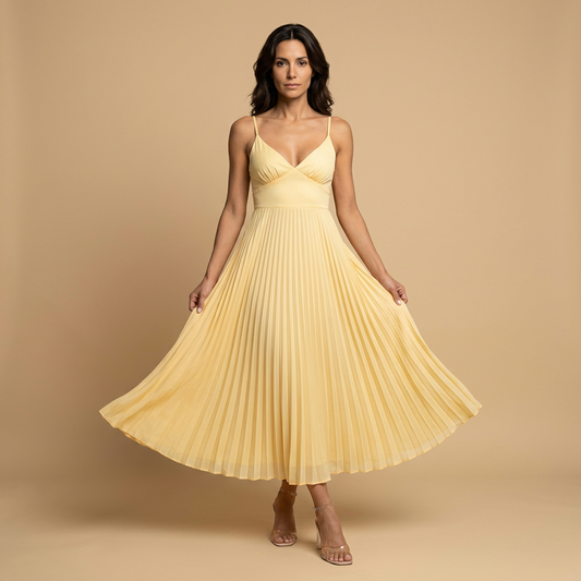 Vestido Midi Mujer Plisado Escote en V Tirantes Finos Cintura Alta - Mavetta