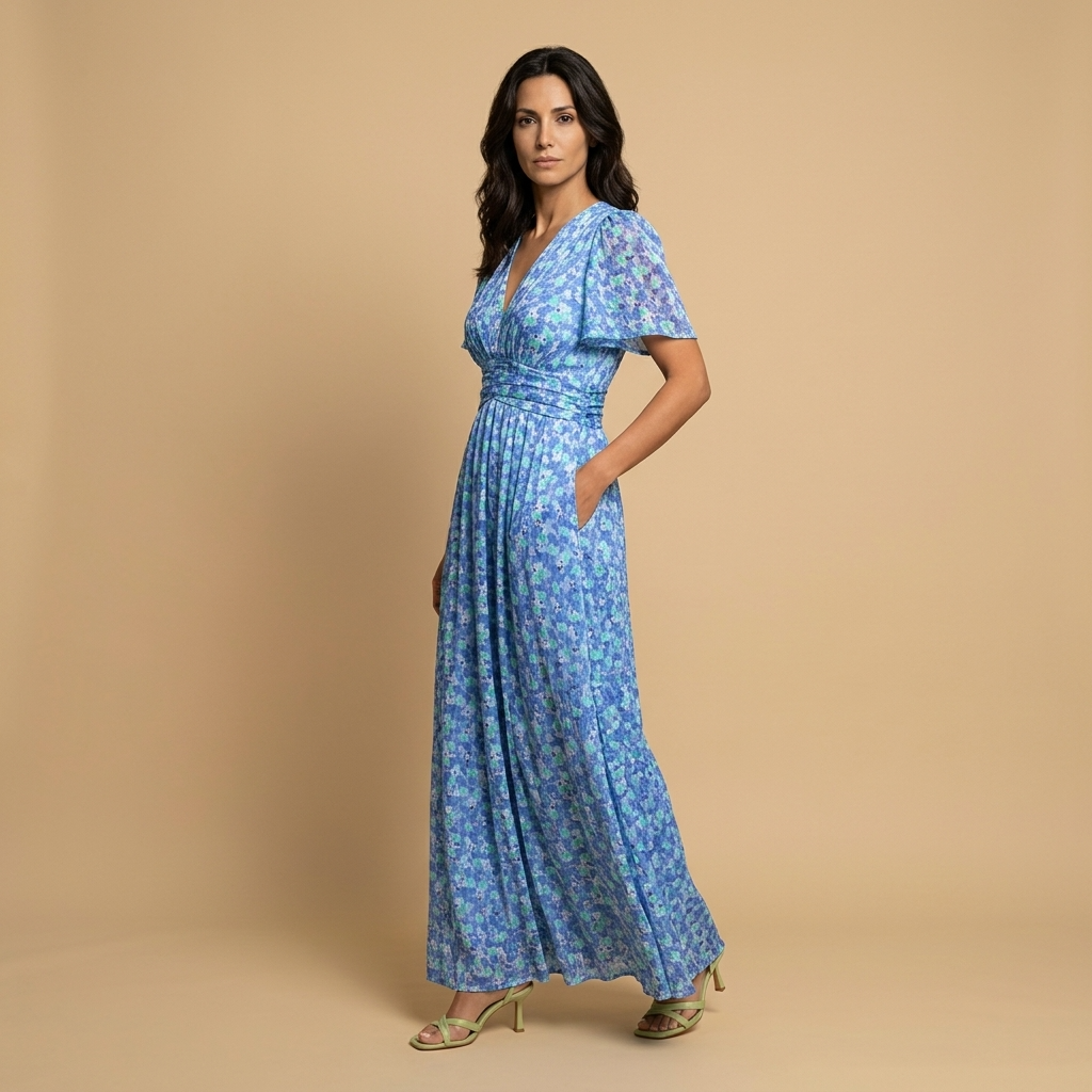 Vestido Largo Mujer Cruzado Escote en V Manga Mariposa