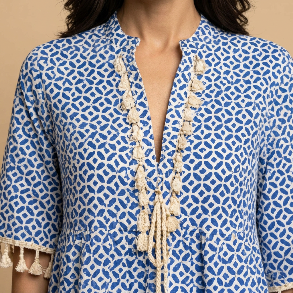 Vestido Corto Mujer Túnica Algodón Borlas Artesanales