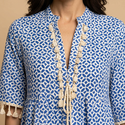 Vestido Corto Mujer Túnica Algodón Borlas Artesanales