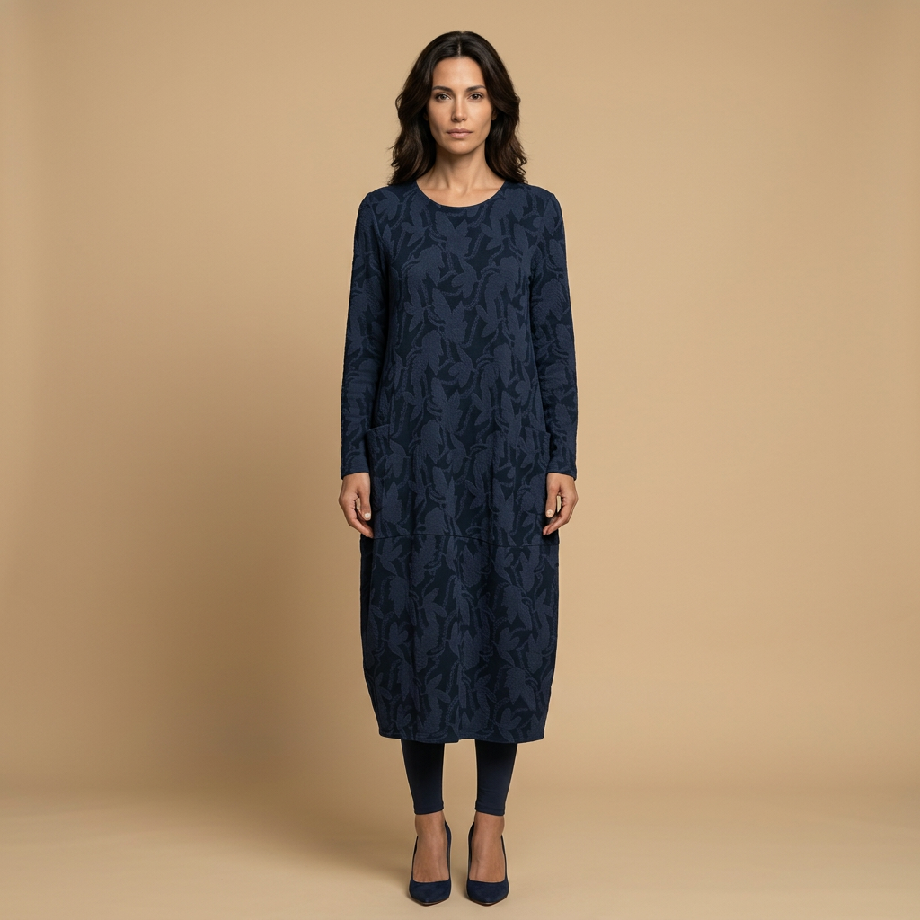 Vestido Midi Mujer Jacquard Manga Larga con Bolsillos
