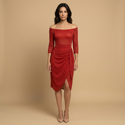 Vestido Midi Mujer Brillo Drapeado Asimétrico Off Shoulder