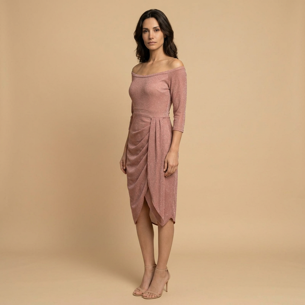 Vestido Midi Mujer Brillo Drapeado Asimétrico Off Shoulder