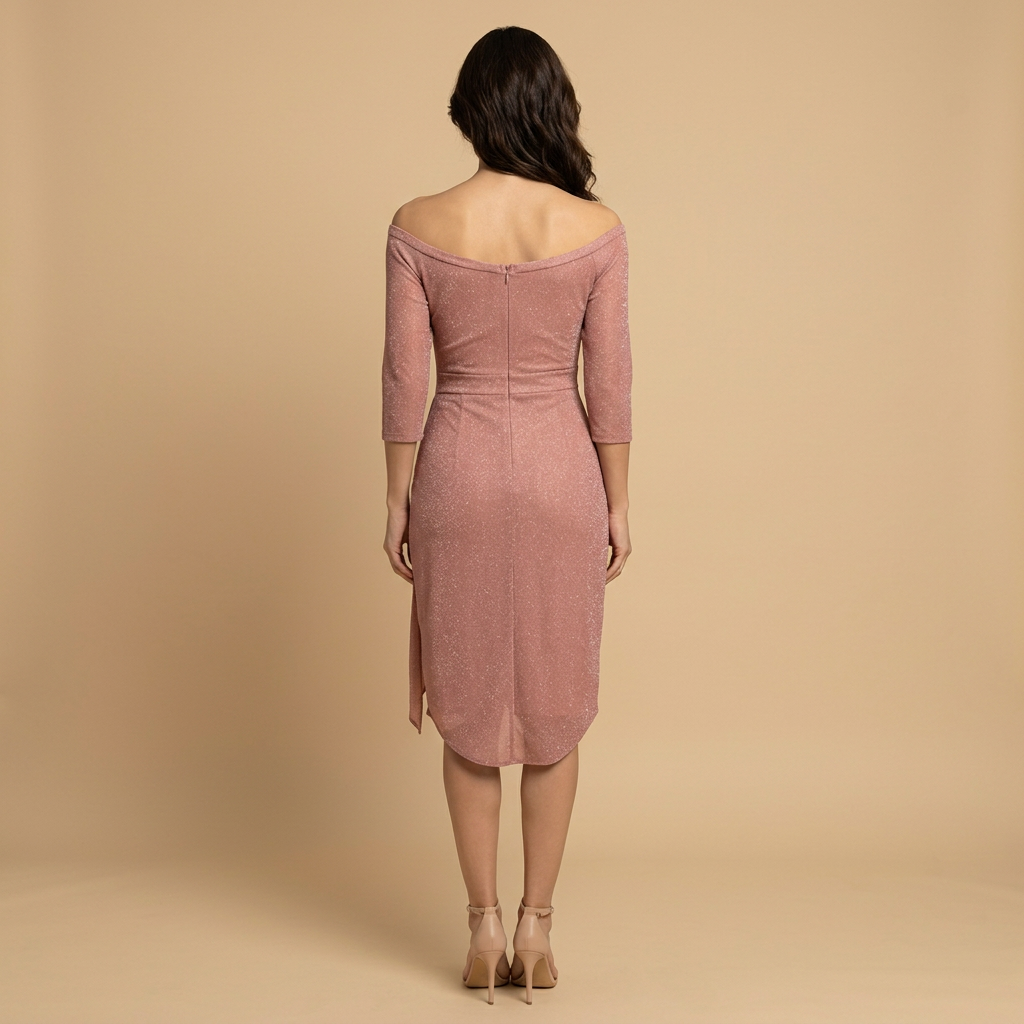 Vestido Midi Mujer Brillo Drapeado Asimétrico Off Shoulder
