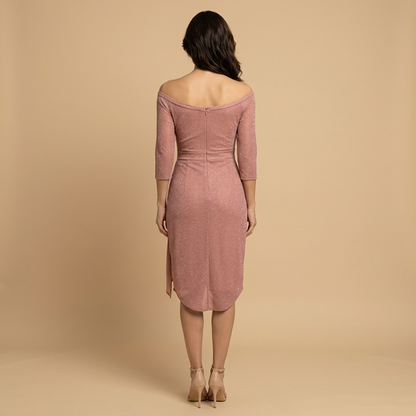 Vestido Midi Mujer Brillo Drapeado Asimétrico Off Shoulder