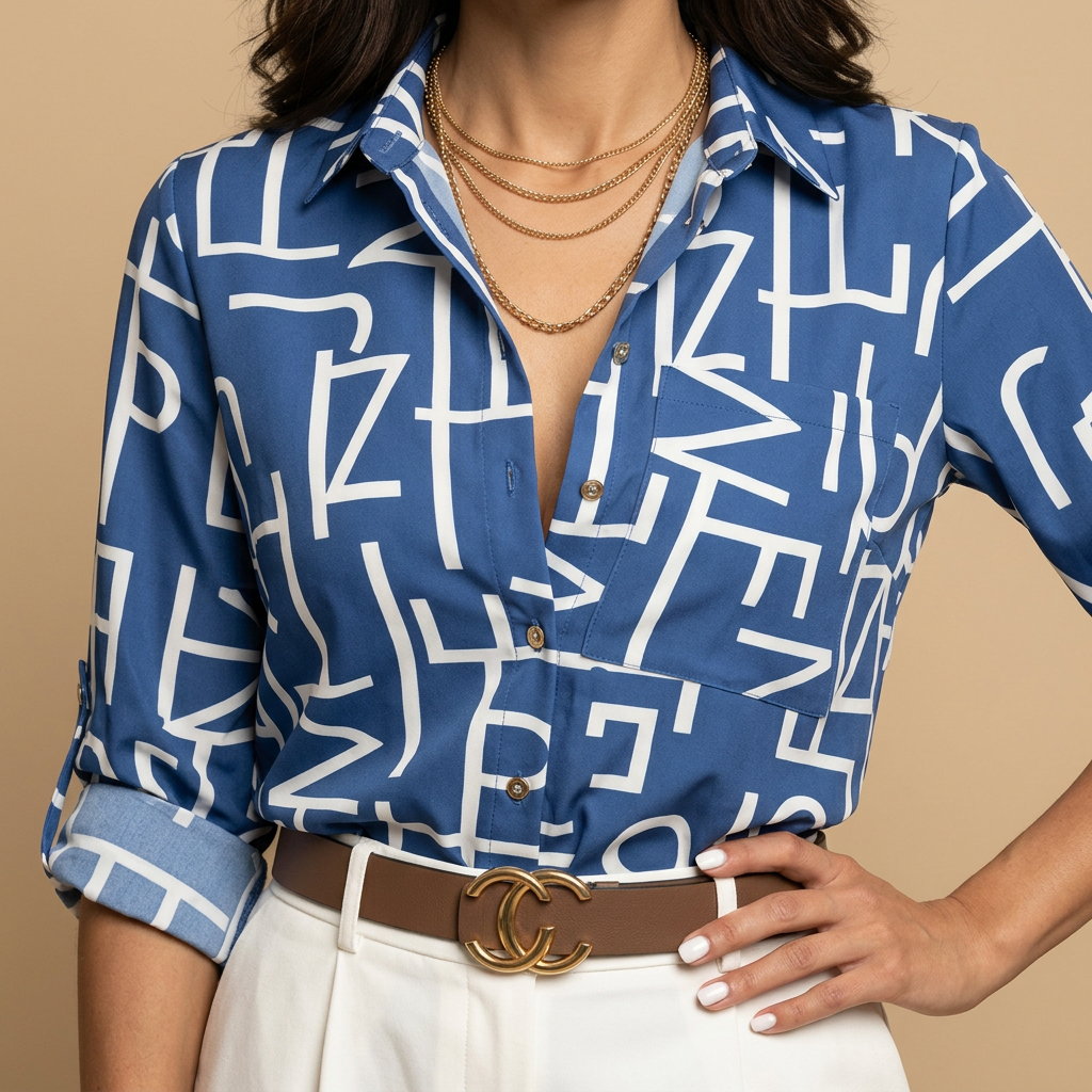 Blusa Camisera Mujer de Tejido Estampado Manga Larga