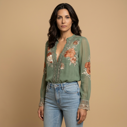 Blusa Mujer Bordada Encaje Floral Estilo Boho